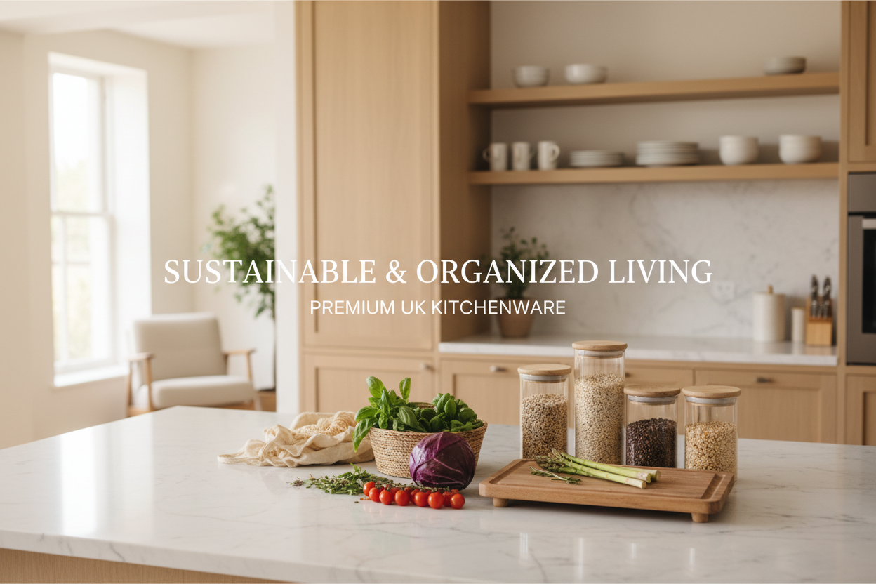 "A high-resolution, professional website hero banner in 16:9 aspect ratio for a premium UK kitchenware store. The scene is a wide shot of a modern, airy, and organized kitchen with light-colored marble countertops and soft natural sunlight coming from a side window. On the counter, show an aesthetic arrangement of fresh groceries, a stylish wooden cutting board, and high-quality, eco-friendly kitchen storage containers. The vibe is 'Sustainable & Organized Living.' The image should have a blurred background